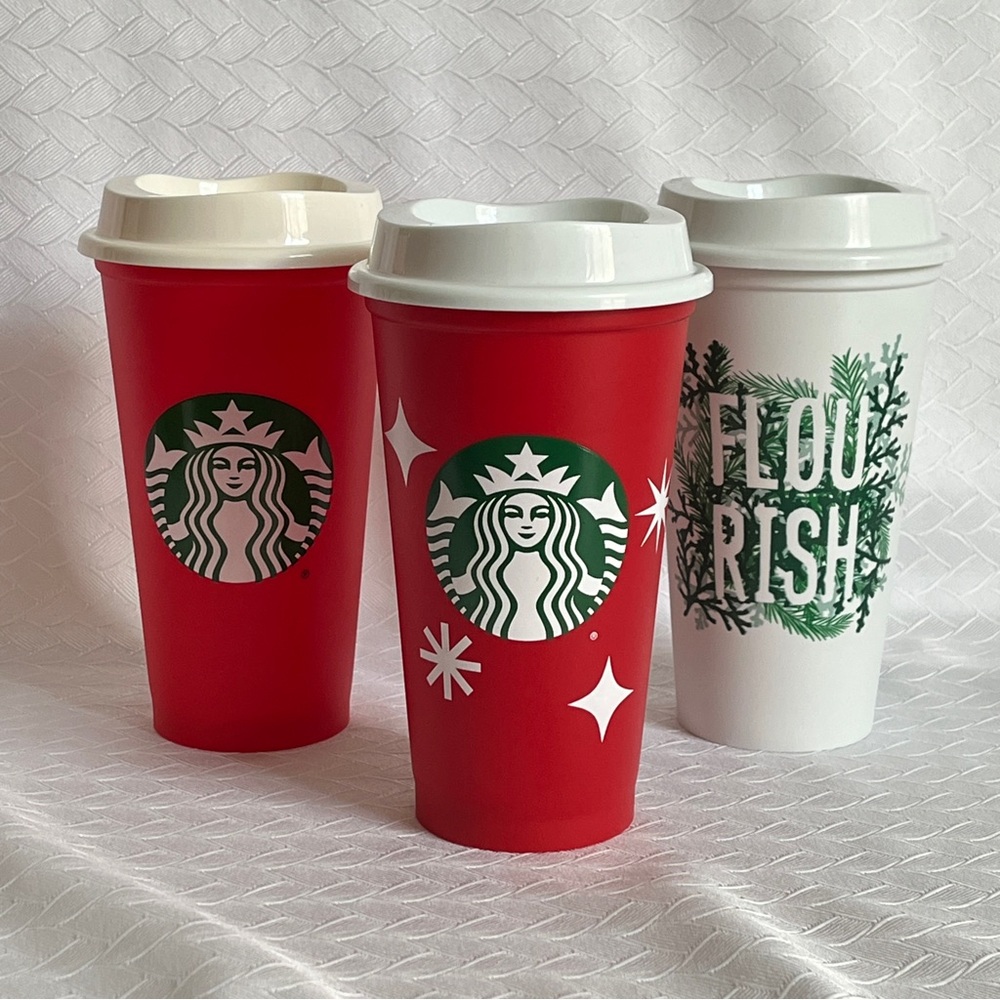 Starbucks Coffee Reusable Holiday Cups  16 oz Set of 3 Christmas Patterns & Logo